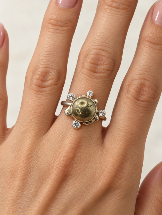 Pyrite Cabochon Ring with Quartz