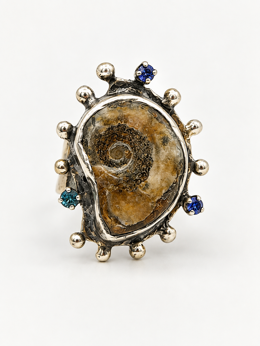 Fossilized Ammonite Ring with Blue Sapphires
