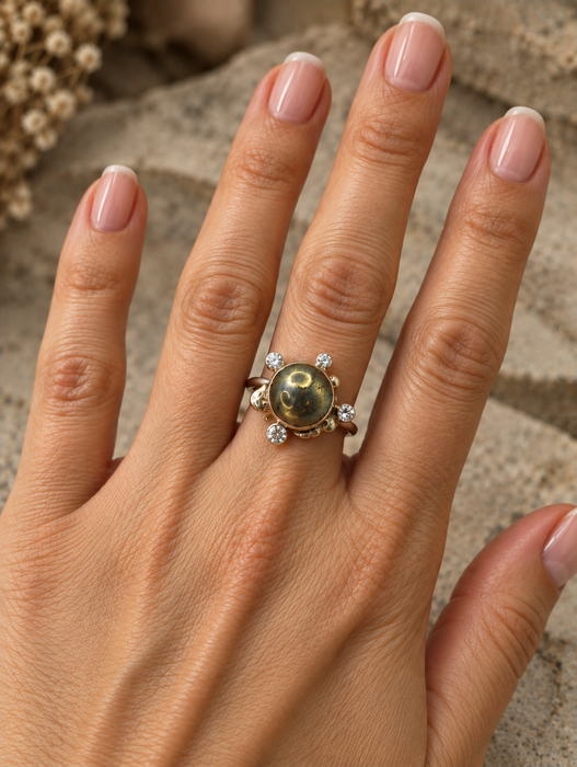 Pyrite Cabochon Ring with Quartz