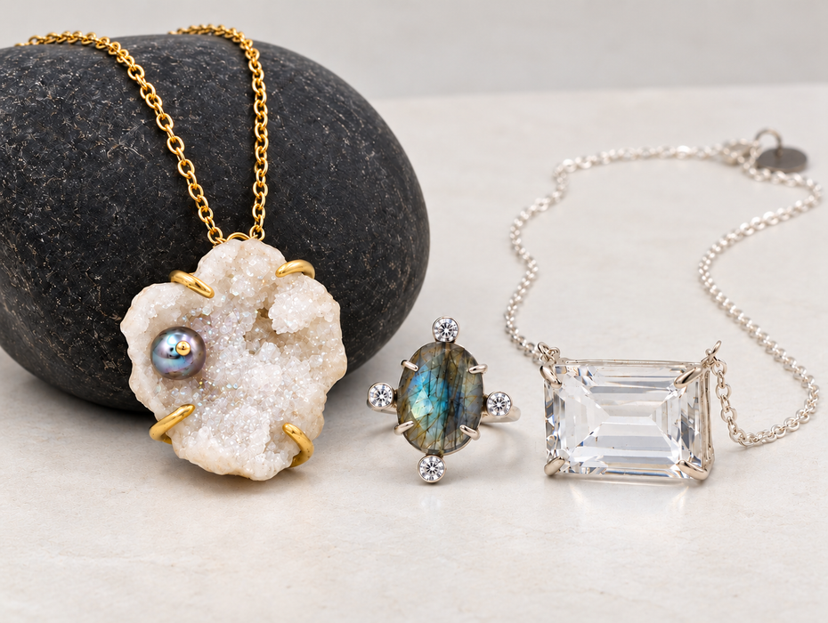 Druzy Quartz Geode Pendant with Silver Freshwater Pearl