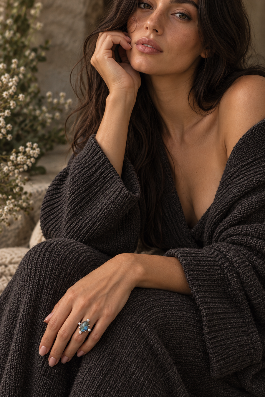 Labradorite quartz statement ring worn by a model