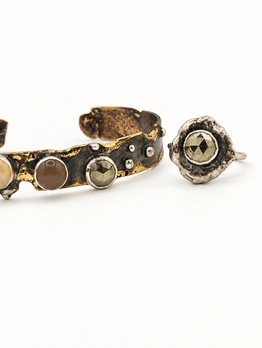 Rose Quartz and Pyrite Brass Cuff