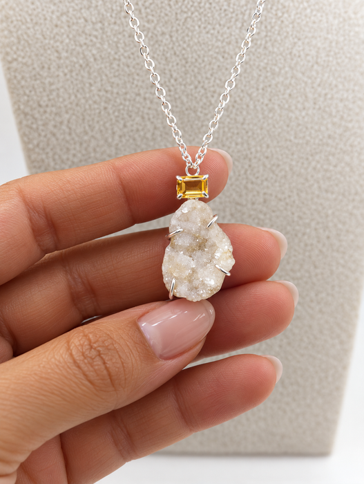 Druzy Quartz Geode Pendant with Yellow Citrine