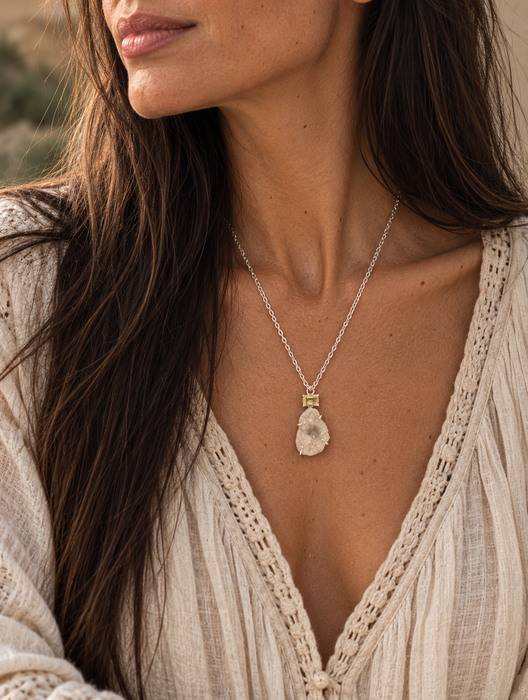 Druzy Quartz Geode Pendant with Yellow Citrine