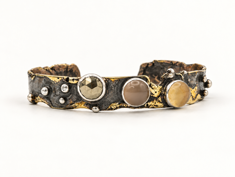 Rose Quartz and Pyrite Brass Cuff