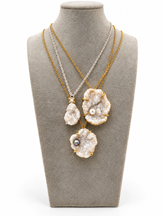Druzy Quartz Geode Pendant with Yellow Citrine