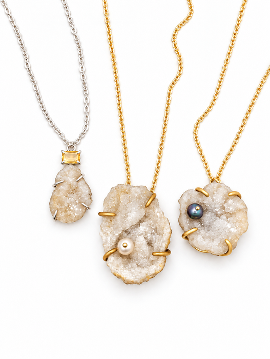 Druzy Quartz Geode Pendant with Silver Freshwater Pearl