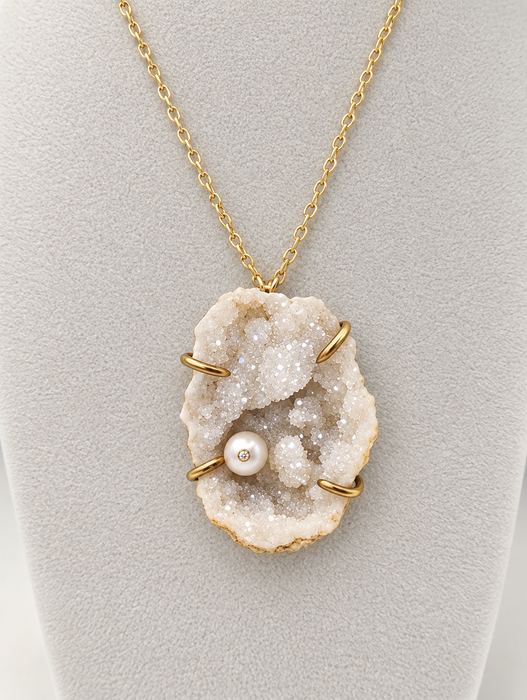 Druzy Quartz Geode Pendant with White Freshwater Pearl