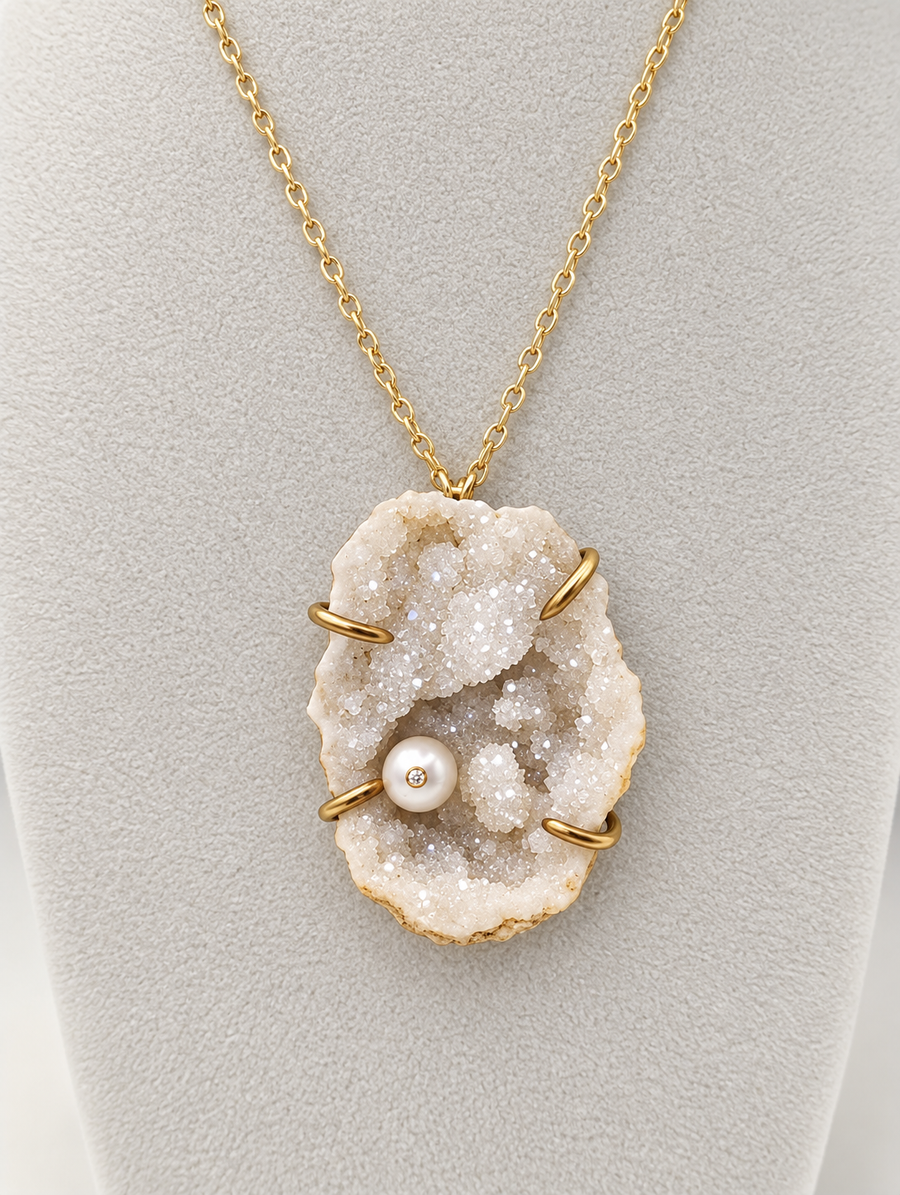 Druzy Quartz Geode Pendant with White Freshwater Pearl