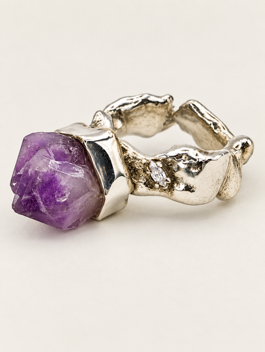 Uncut Amethyst Ring with Diamond