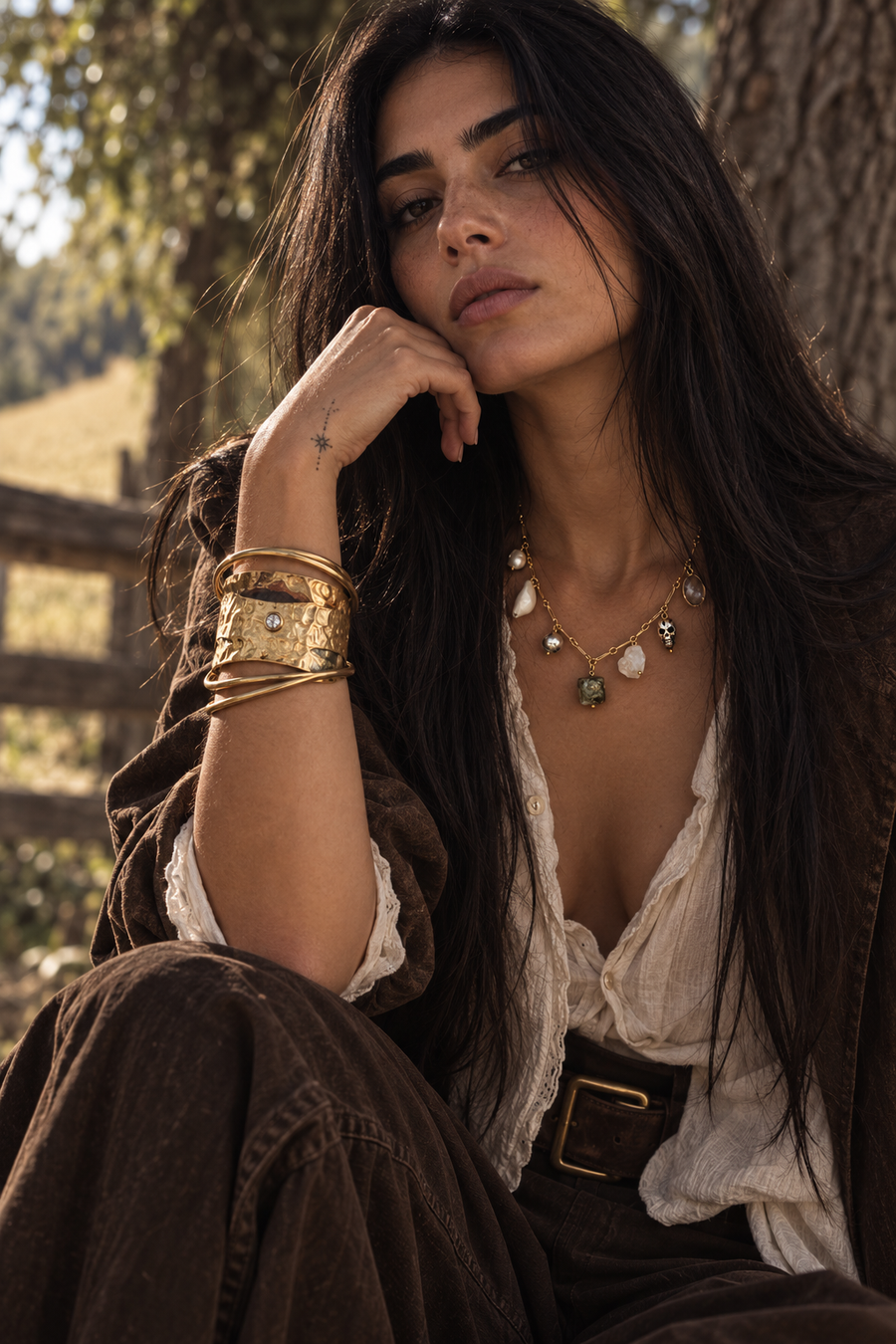 Model wearing a gold leopard print etched cuff bracelet with a dark outfit.