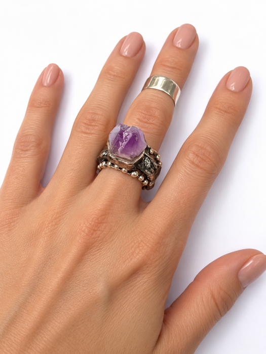 Uncut Amethyst Ring with Diamond