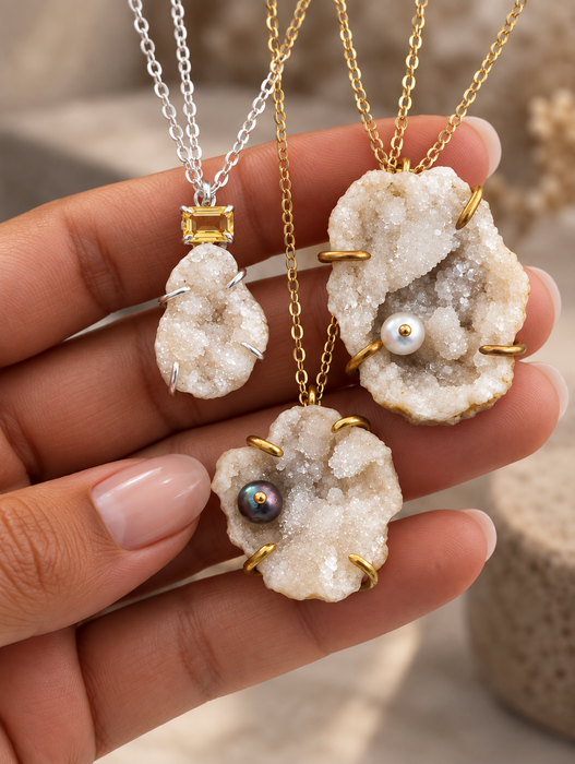 Druzy Quartz Geode Pendant with Silver Freshwater Pearl
