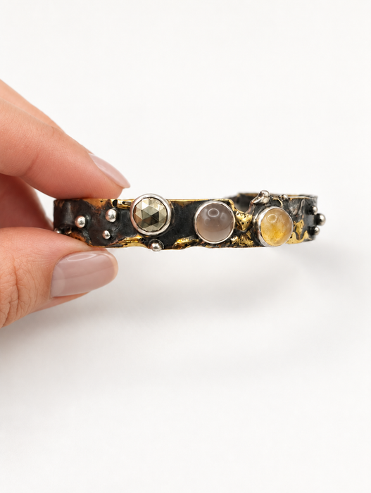 Rose Quartz and Pyrite Brass Cuff