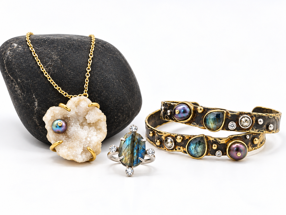 Druzy Quartz Geode Pendant with Silver Freshwater Pearl