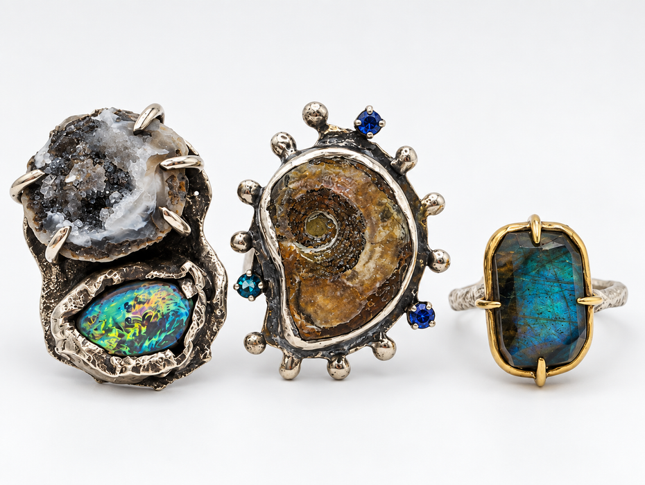 Fossilized Ammonite Ring with Blue Sapphires