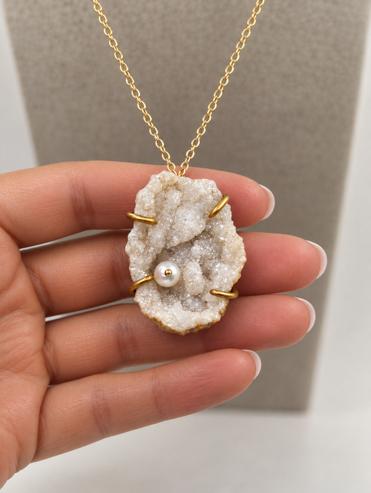Druzy Quartz Geode Pendant with White Freshwater Pearl