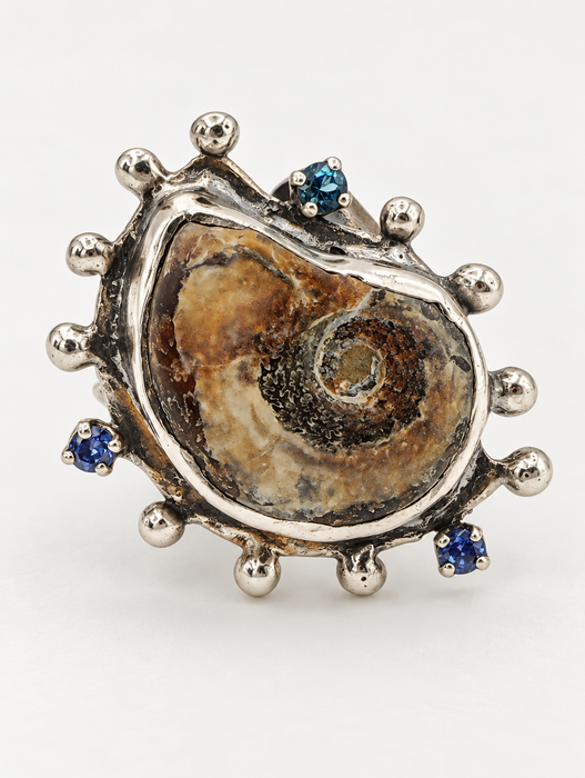 Fossilized Ammonite Ring with Blue Sapphires