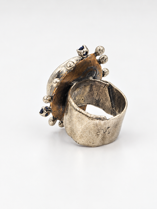 Fossilized Ammonite Ring with Blue Sapphires