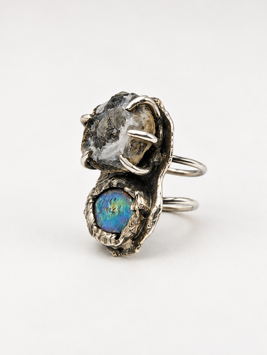 Geode Silver Coin Pearl Ring