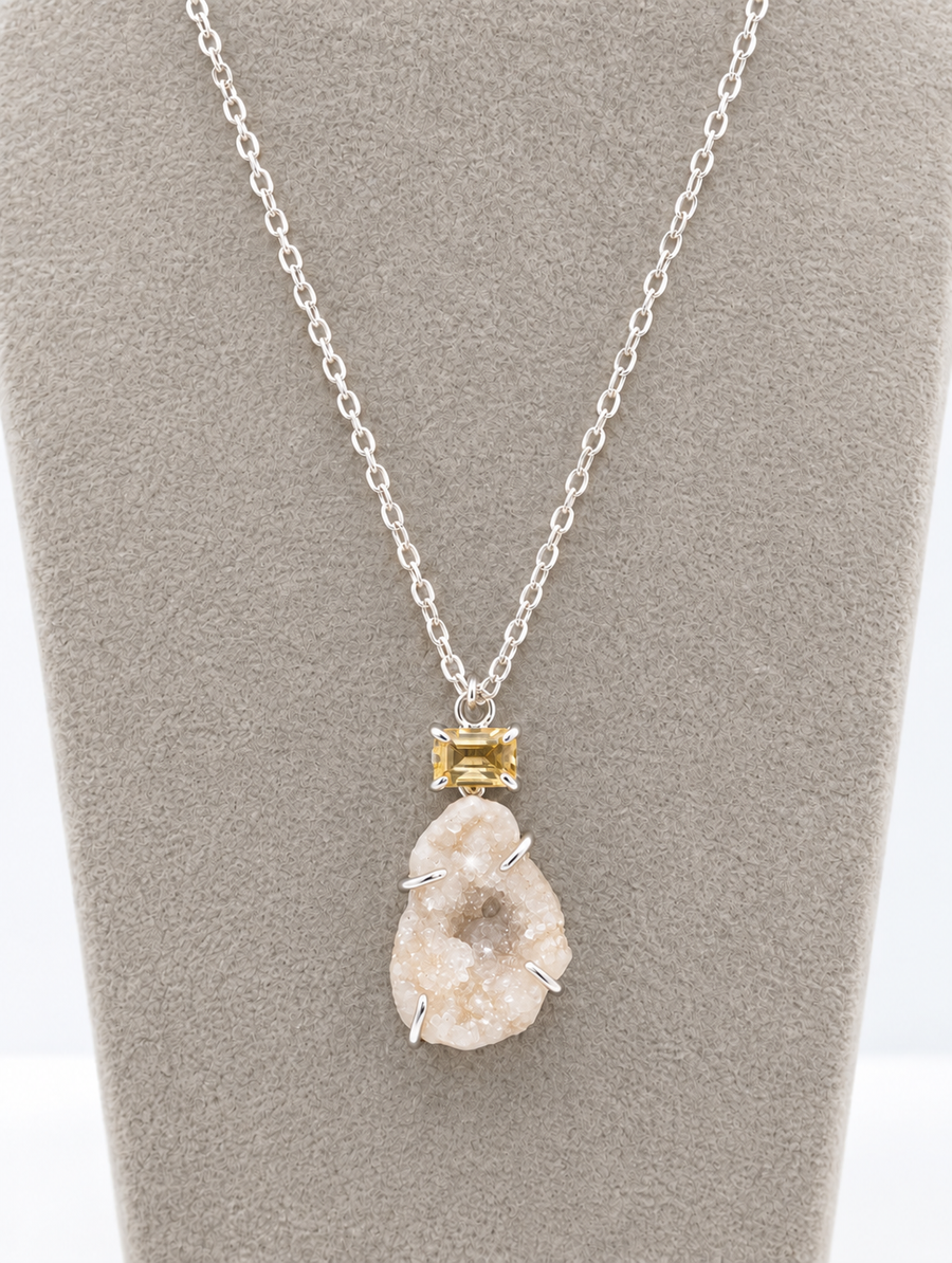 Druzy Quartz Geode Pendant with Yellow Citrine