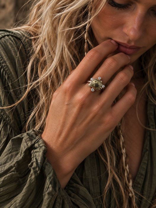 Pyrite Cabochon Ring with Quartz