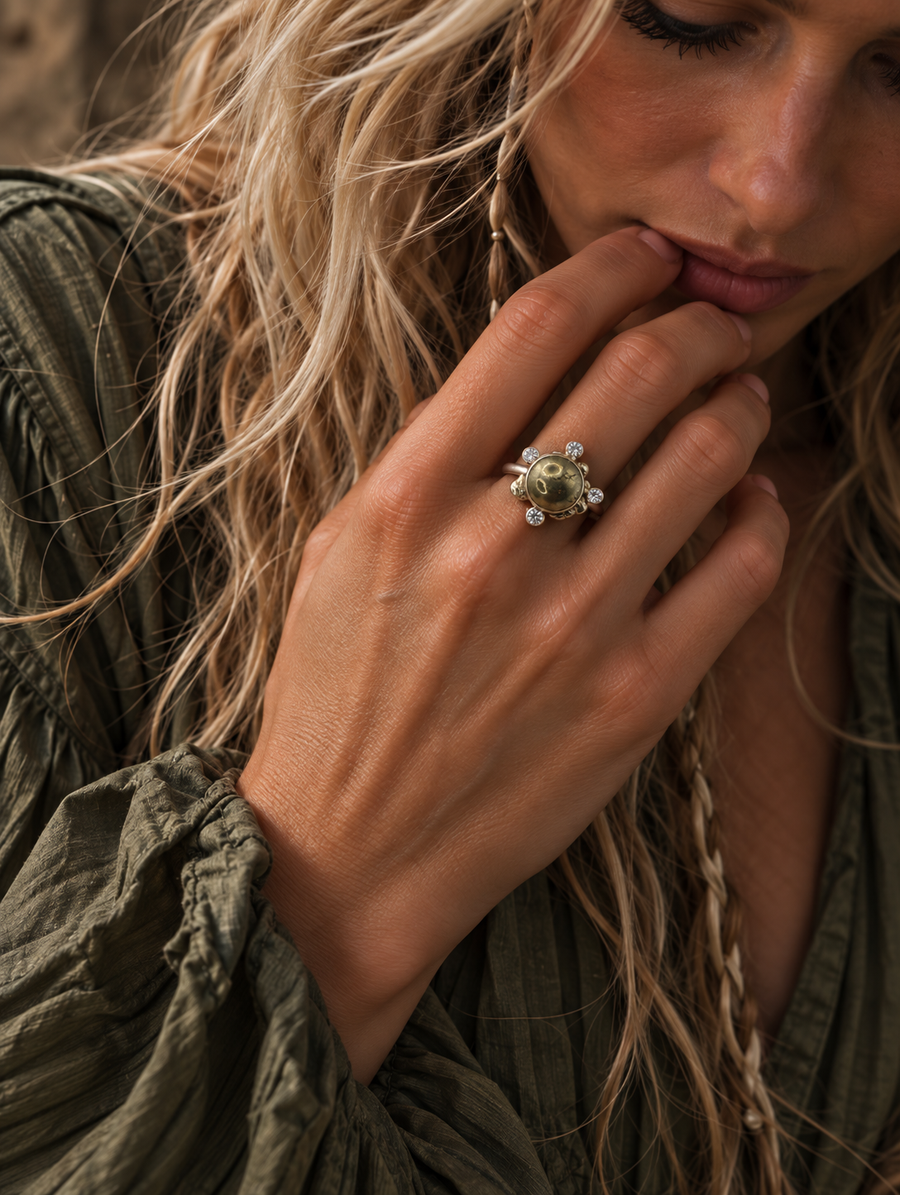 Pyrite Cabochon Ring with Quartz